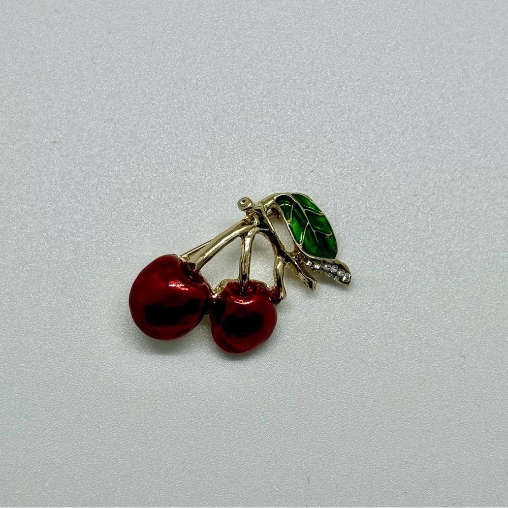 Cherry Brooch with Red and Green Accents